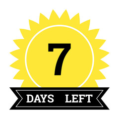 Countdown of days. Number 7 of days left to go. Promotional banner. Price offer promo deal timer, seven day only. Stylized counter in black and yellow colors
