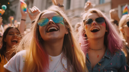 LGBTQ Pride Parade in the city, Happy Smiling girls, Cheerful Walking multiracial People with rainbow flags celebrating Gay Pride festival event - Lgbt concept 