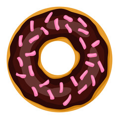 Donut. Top view sweet dessert into glaze for menu design, cafe decoration or delivery box. Candy food with sprinkles. Traditional breakfast