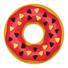 Donut. Top view sweet dessert into glaze for menu design, cafe decoration or delivery box. Candy food with sprinkles. Traditional breakfast