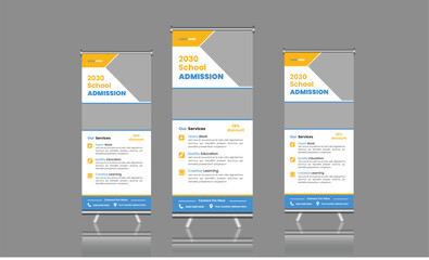  Back to school admission, Rollup banner design with simple shapes for minimalistic company promotion.