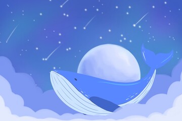 Blue whale, Night sky with starlight, The moon and fluffy clouds 