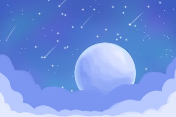 Blue night starlight, moon and clouds 
