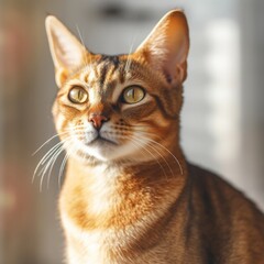 Portrait of an Abyssinian cat sitting beside a window. Closeup face of a beautiful Abyssinian cat at home. Portrait of a ruby Abyssinian  cat with red fur looking at the camera.  AI generated.
