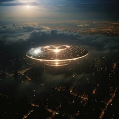 Fototapeta na wymiar ufo in a city at dusk