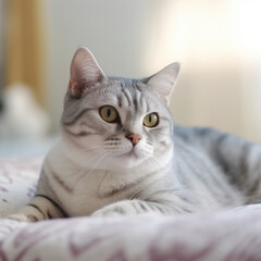 Portrait of an American Shorthair cat lying on a sofa beside a window in a light room. Closeup face of an American Shorthair cat at home. Portrait of a tabby cat with sleek fur looking at the camera.