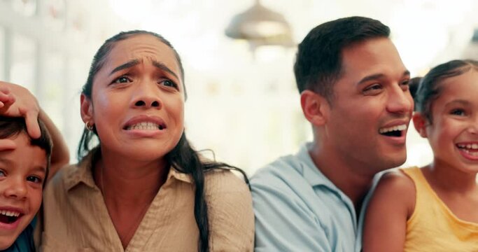 Surprise, popcorn and a family watching tv in a house with excited, reaction and wow. Scared, home and parents and children with horror expression and laughing at a film or movie with food together