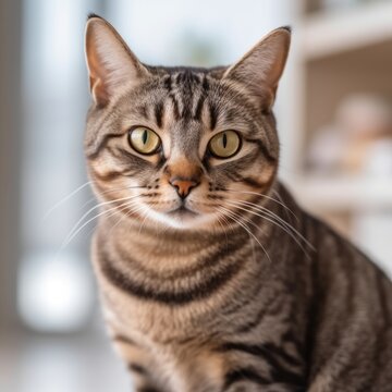 Portrait of an American Shorthair cat sitting in a light room beside a window. Closeup face of a beautiful American Shorthair cat at home. Portrait of a tabby cat with sleek fur looking at the camera.