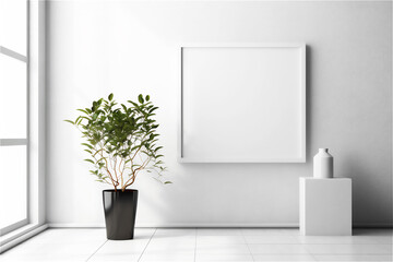 Empty frame mockup in minimalist interior with window and plant on grey sunlit wall background. Template for artwork, painting, photo or presentation. AI generated image.
