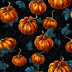 Seamless pattern of orange pumpkins on black background for fabric, wallpaper or home decor. Children's illustration in cartoon style. AI generated image.