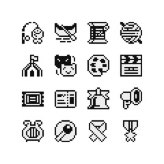 Сreativity and art set, video game 1 bit pixel art icons. Design for logo game, sticker, web, mobile app, badges and patches. Isolated pixel art vector illustration. Game assets.