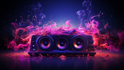 Fototapeta na wymiar Sound Multimedia Soundsystem Hifi Audio Soundbox Lautsprecher Membran abstrakt violet lila Style im Querformat. Generative Ai. 