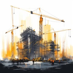 watercolor painting of a building under construction with cranes