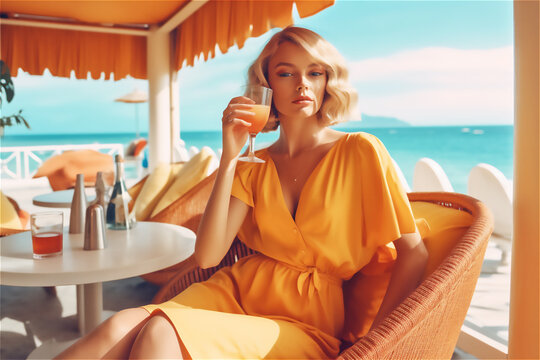 Luxury girl sitting in open beach sea view bar with cocktail. AI generated image for your design.