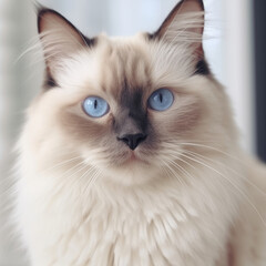 Fototapeta premium Portrait of a Birman cat sitting in a light room beside a window. Closeup face of a beautiful Birman cat at home. Portrait of a cute Birman cat with sleek fur and blue eyes looking at the camera.