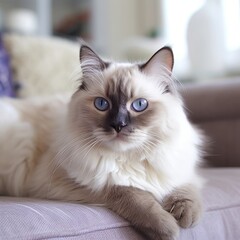 Portrait of a chocolate Birman cat lying on a sofa beside a window in a light room. Closeup face of a beautiful Birman cat at home. Portrait of a Birman cat with thick fur looking at the camera.