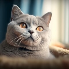 Fototapeta premium Portrait of a British Shorthair cat lying on a sofa beside a window in a light room. Closeup face of a beautiful British Shorthair cat at home. Portrait of a cute silver cat looking outside the window