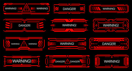 Hud danger alerts. Attention red interface signs, warning and caution UI. Tech and digital cyber frames. System failure or danger zone - obrazy, fototapety, plakaty