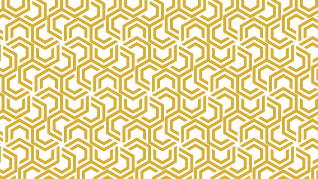Seamless golden outline hexagon pattern, abstract geometric flower concept hexagonal frames on white background. Vector illustration