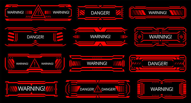 Hud danger alerts. Attention red interface signs, warning and caution UI. Tech and digital cyber frames. System failure or danger zone