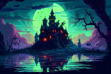 Fototapeta na wymiar halloween haunted house cartoon illustration with retro style