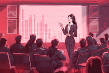 Fototapeta premium Young asian female entrepreneur, coach or speaker giving presentation to a group of investors, students or employees at office briefing. AI generated image.