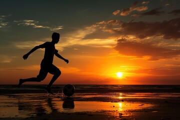 Fototapeta na wymiar silhouette of a man playing soccer in golden hour sunset Generative AI