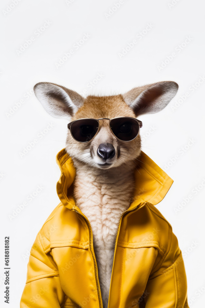 Poster close up of dog wearing sunglasses and yellow jacket with hood. generative ai.