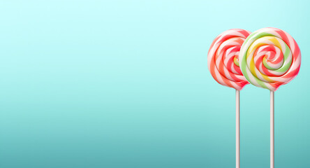 Two round lollipops on a stick with a rainbow spiral isolated on a pastel blue background. Copy space for text, sweet candy banner template. Generative AI photo.