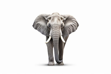Elephant with tusks standing in front of white background and looking at the camera. Generative AI.