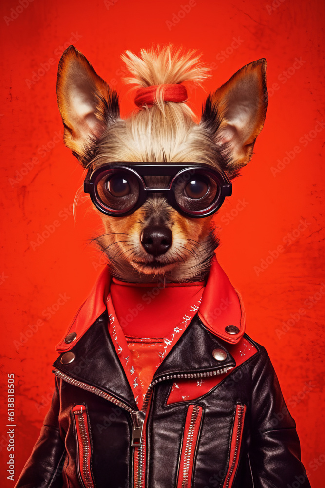 Canvas Prints Small dog wearing glasses and leather jacket with bow on it's head. Generative AI.