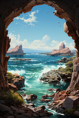 Fototapeta premium Fantasy window to a view of ocean and rocks. AI generative