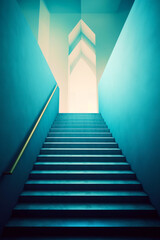 Set of stairs leading up to bright blue room with white walls. Generative AI.