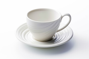 White coffee cup and saucer sitting on white saucer on plate. Generative AI.