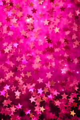 Large group of pink stars hanging from the ceiling of room with lights. Generative AI.