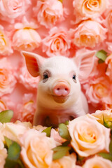 Small pig sitting in bed of pink and white flowers and roses. Generative AI.