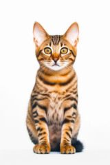 Fototapeta na wymiar Striped cat sitting on top of white floor next to white wall. Generative AI.