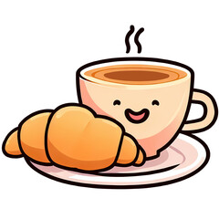 Happy croissant and coffee/tea/chocolate mug, happy cartoon clipart style