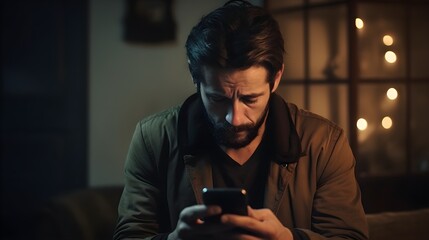 Front view portrait of a sad, depressed, crying bearded man checking, looking at phone sitting on the floor in the living room at home, dad parent received negative news, dark background, AI Generated