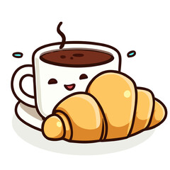 Happy croissant and coffee/tea/chocolate mug, happy cartoon clipart style
