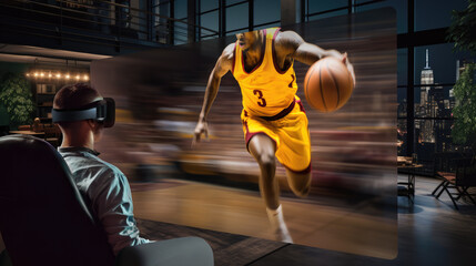 Man watching a basketball game using VR goggles in his living room