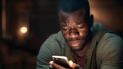 Front view portrait of a sad, depressed, crying African American man checking, looking at phone sitting on the floor in the living room at home, received negative news, dark background, AI Generated