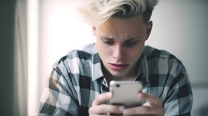 Front view portrait of a sad, depressed crying modern teenage man checking, looking at phone sitting on the floor in room at home received negative news, light white isolated background, AI Generated
