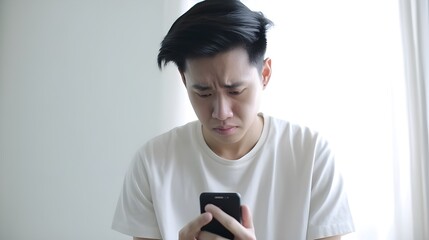 Front view portrait of a sad depressed crying Asian Chinese man checking, looking at phone sitting on the floor in room at home received negative news, light white isolated background, AI Generated