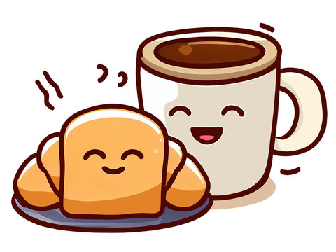 Happy croissant and coffee/tea/chocolate mug, happy cartoon clipart style