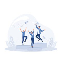 People standing on the podium rank first three places, jumps in the air with trophy cup, flat vector modern illustration