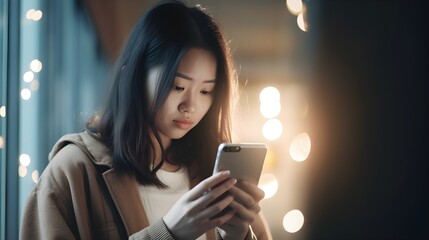 Front view portrait of a sad, depressed, crying Asian woman checking, looking at phone standing at the street in winter, Christmas, received negative news, dark background, AI Generated