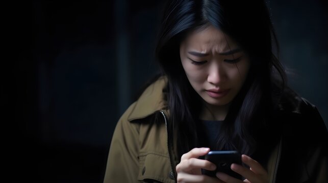 Front view portrait of a sad, depressed, crying Asian woman checking, looking at phone standing at the street in winter, Christmas, received negative news, dark background, AI Generated