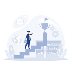 a businessman going up the stairs with a hand holding a trophy, flat vector modern illustration