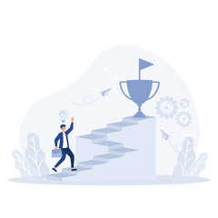 Businessman holding trophy cup standing on the stair. success, flat vector modern illustration